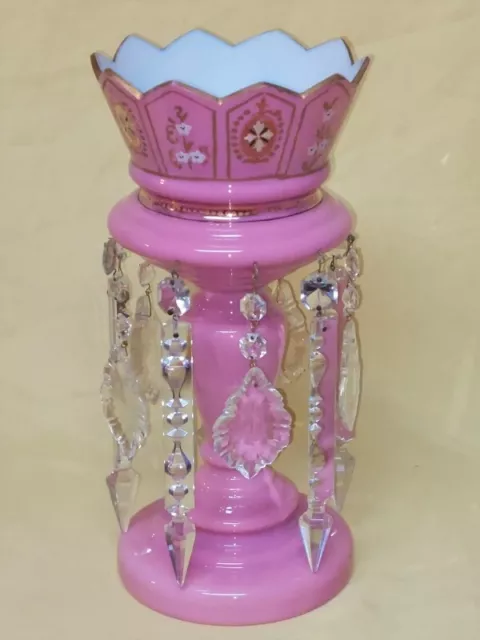 Single Antique Pink Hand Decorated Glass Mantle Luster 14" w Crystal Prisms MINT