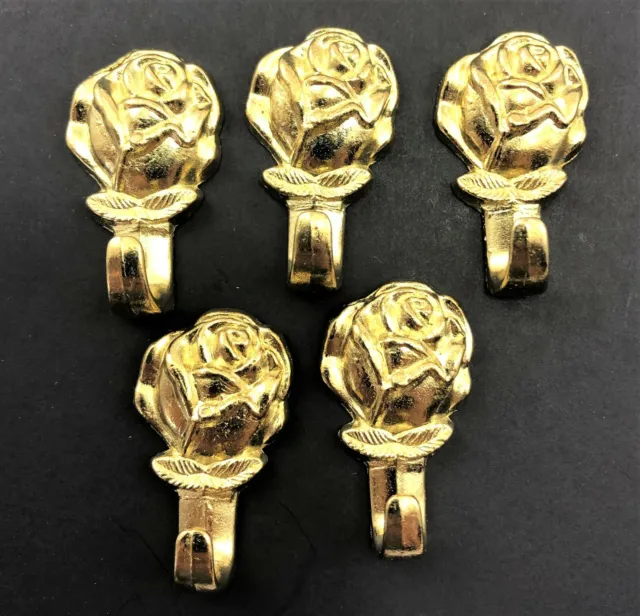 LOT OF 5- Decorative Rose Push Pin Picture Wall Hanger Hook Polished Brass Dry