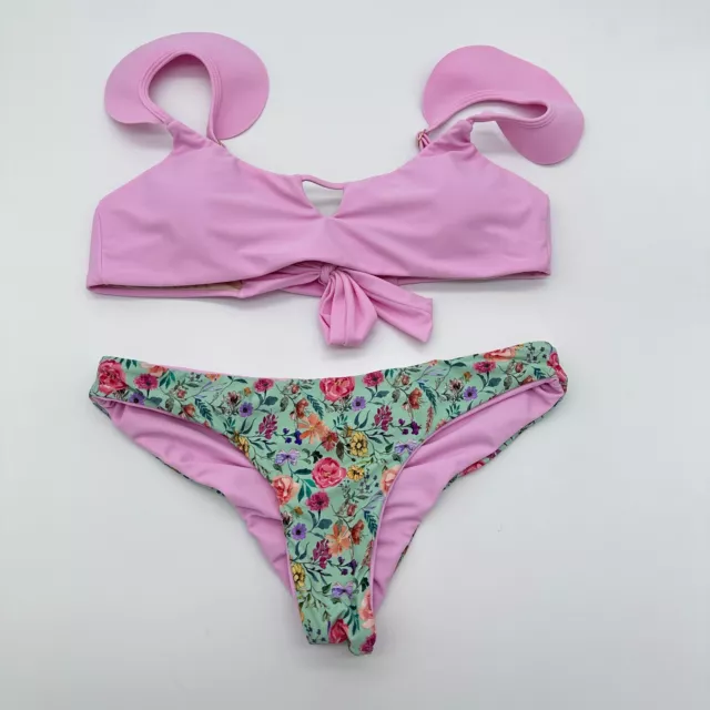 Amanda Stanton Pink  Ruffled Bikini Swimsuit Womens Medium Floral  Two-Piece