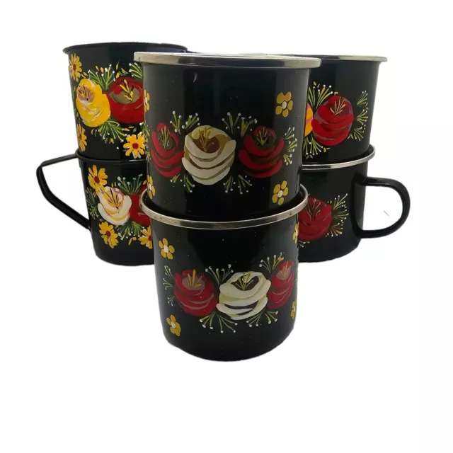 Handpainted canal ware enamel mug, barge ware, roses and castles