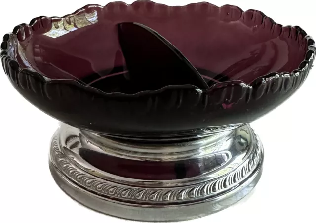 Vintage Krome Kraft Farber Bros Cambridge Amethyst Glass Divided Candy Dish MCM