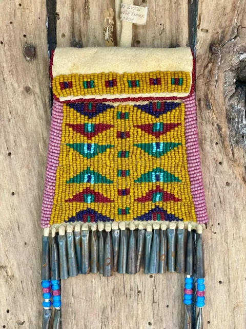 Santee Sioux Beaded Strike-a-Light Pouch with Metal Cones by Big Moose - 1900s