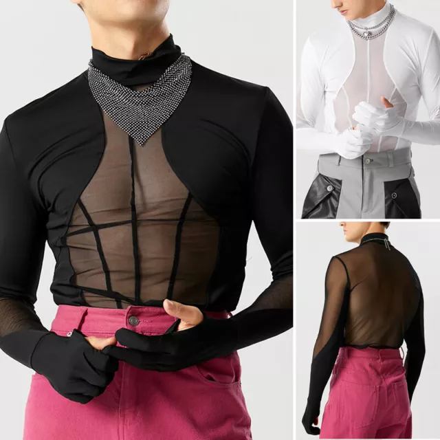 Fashion Mens Mesh Patchwork Half-Collar Bodysuit Leotard Slim Fit Tops Underwear