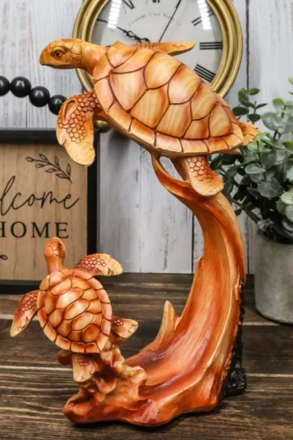 Ebros Mother and Baby Sea Turtle Decor Statue 9" Tall Faux Wood Resin Figurine