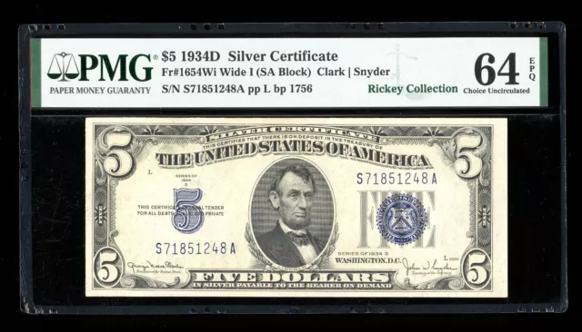 DBR 1934-D $5 Silver Fr. 1654Wi Wide I SA Block PMG 64 EPQ Serial S71851248A