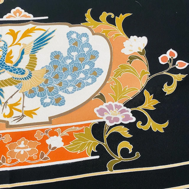 Phoenix #A 14x66 LONG Vintage Tomesode Black Silk Kimono Fabric Panel ToD28
