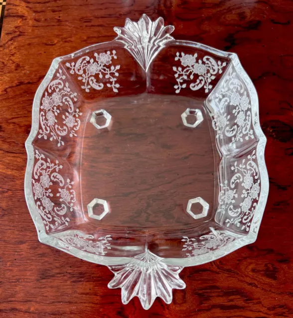 Fostoria Meadow Rose Etched Handled Square 4 Toed Dish / Bowl 6”