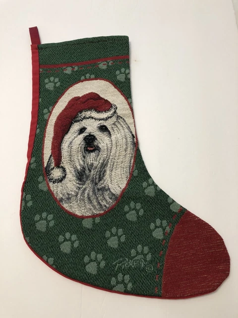 Maltese Christmas Stocking Tapestry Artist, Linda Picken Dog Stocking 17” Long