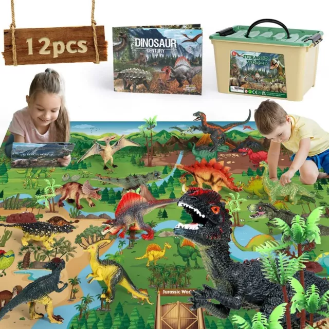 12 PCS Realistic Large Dinosaur Figurines with Jumbo Play Mat Dino Book Gift Kid