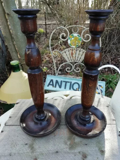 Pair of Antique Turned Oak 32cm Tall Candlesticks Metal  Drip Trays Circa 1920