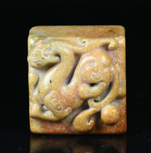 1.2" Rare Old China Jade Carving Dynasty Palace Dragon Pixiu Beast Seal Signet