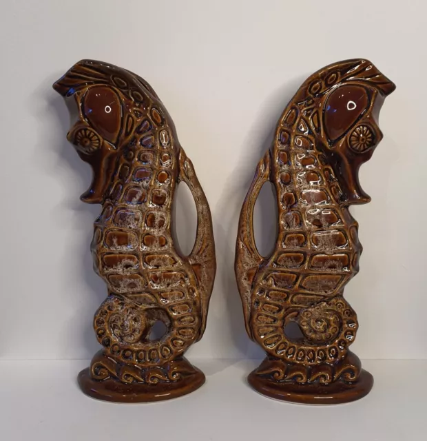 Tall pair of vintage Fosters Pottery, Cornwall, Brown honeycomb glaze Seahorses 3