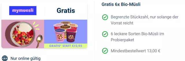 Mymuesli Gutschein für ein Probierpaket mit 6 leckeren Sorten Bio-Müsli, 13€ MBW
