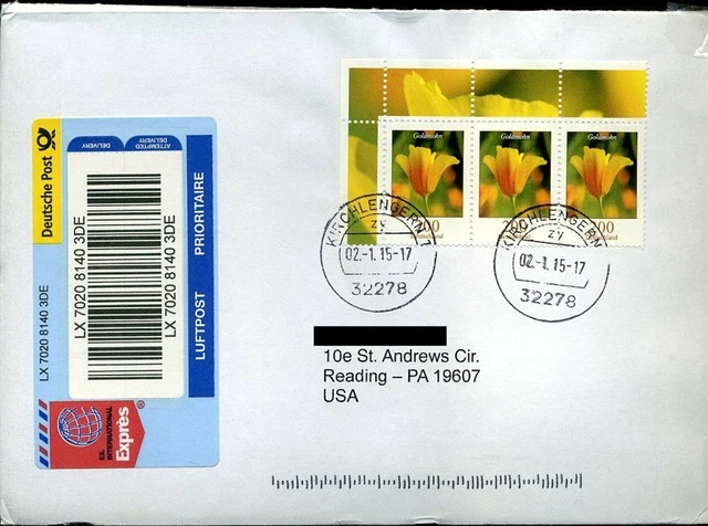 431716) DS Blumen MeF 200 C Goldmohn (3, Bogen) Eilbrief 2.1.14 USA, Porto neu