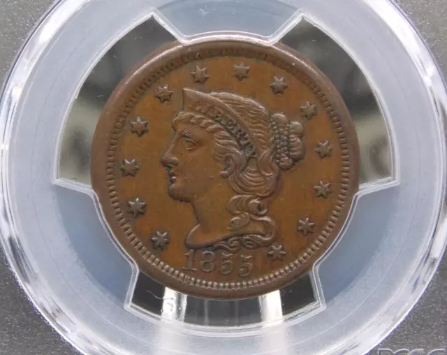 1855 Braided Hair Large Cent **UPRIGHT 55** 1c PCGS AU50 #986 About Uncirculated