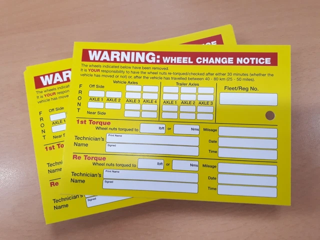 Yellow Re Torque Tags Layout.pdf WHEEL CHANGE NOTICE tag, card, re-torque, tourque warning (50 cards) £6 ...