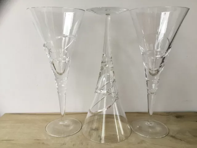 3 x ROYAL DOULTON blown Cut Glass "SATURN" WINE glasses / flutes 10” tall