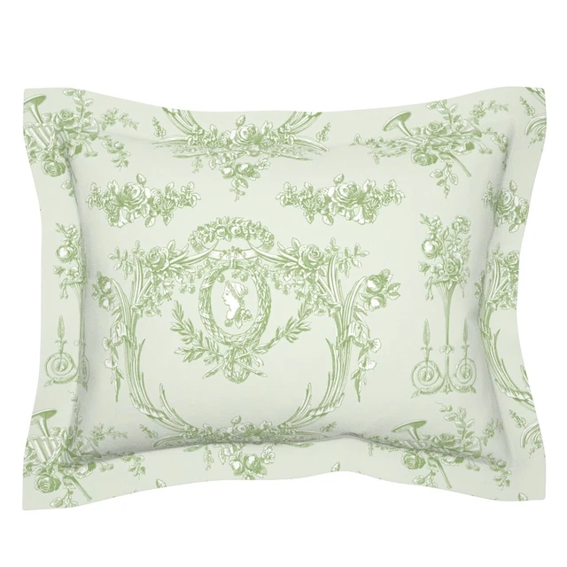 French Vintage Rococo Floral Cottage Green Toile De Pillow Sham by Spoonflower