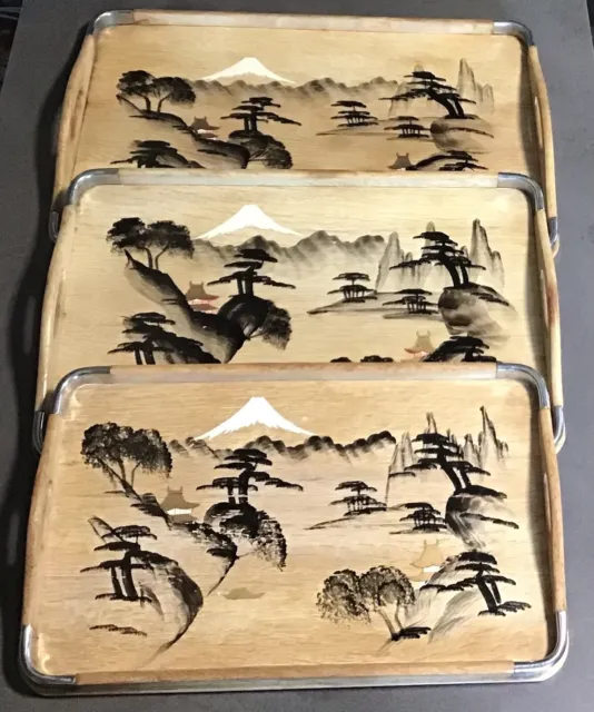 Vintage Japanese Hand Painted Wooden 3 Serving Tea Trays Metal Corners