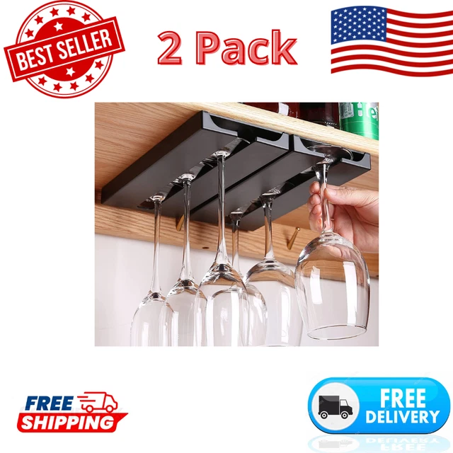 2 Pack Wine Glass Holder Under Shelf or Cabinet Punch-free Wine Glass Rack Black