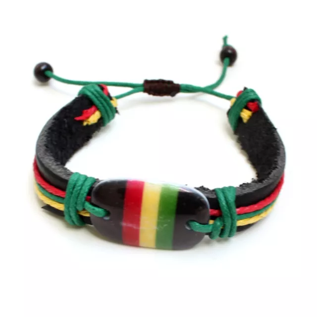 Rasta Stripe Leather Band Bracelet Wrist Bracelet Hippie Reggae Marley 1Sz Fit