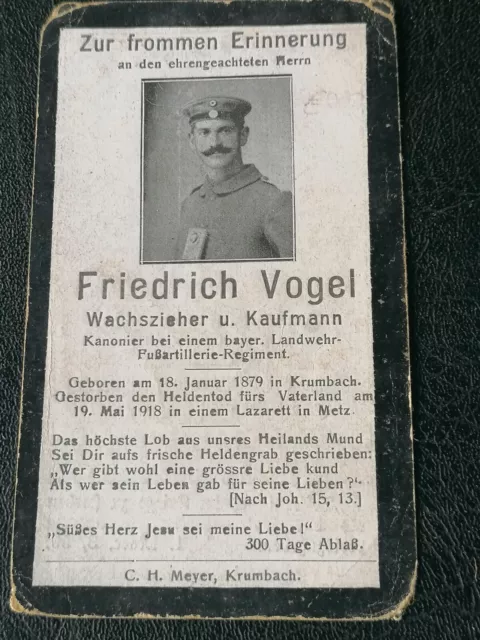 1.WK Sterbebild-Metz Frankreich Kanonier Landwehr-Fußartillerie-Rgt  1918