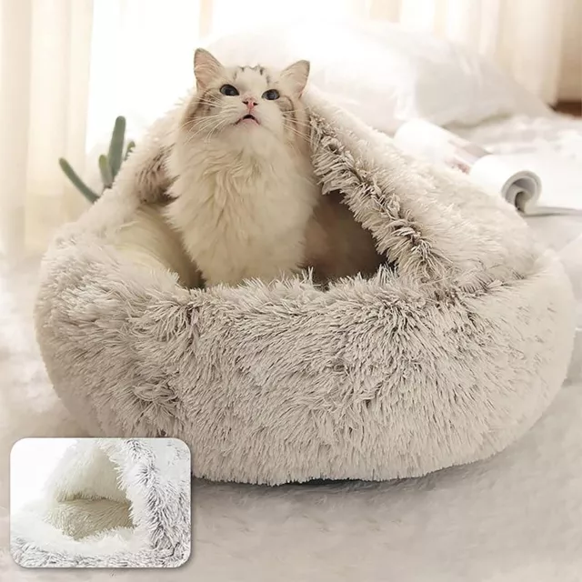 Cat Bed Cave Round Plush Fluffy Hooded Cat Bed Donut Self Warming Pet Dog Bed