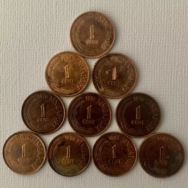 SINGAPORE OLD COINS - 1 Cent - Consecutive year of issued from 1973 to 1982