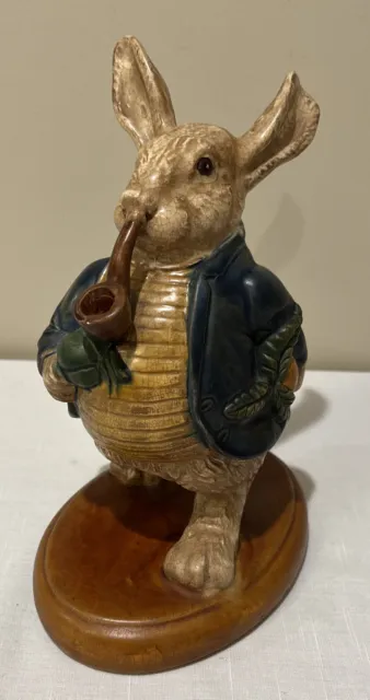 Brown Bunny Smoking Pipe Anthropomorphic Rabbit Figurine Vtg Ceramic 10.5"H