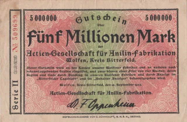 Wolfen, Actien-Gesellschaft für Anilin-Fabrikation: 5 Millionen Mark 10.9.1923
