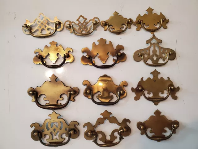 Brass Beautiful 13 assorted brass drop handle draw pulls ornate vintage bright