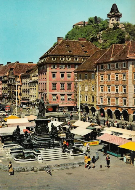 Austria - Graz  -  Hauptmarkt mit Erzherzog-Johann-Brunnen mit Denkmal  -  1978