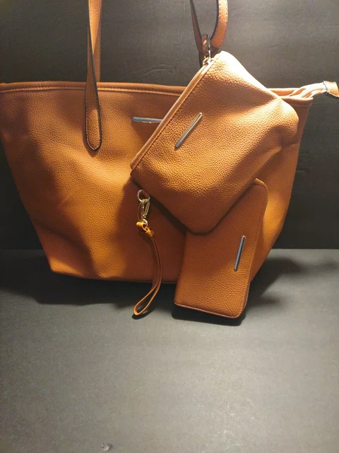 Time and Tru 3 Pc Handbag Set ~ Brown Leather Tote, Wristlet Crossbody, Wallet