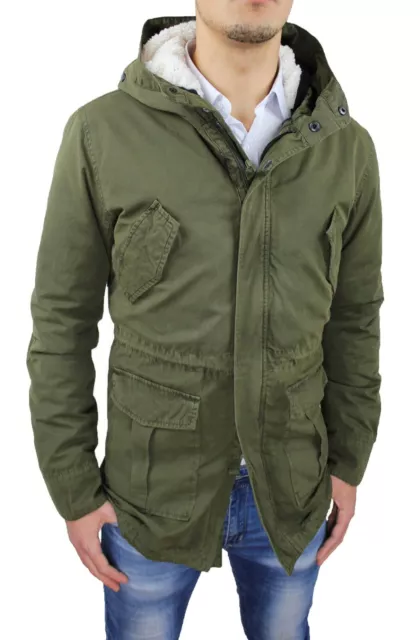 Giaccone uomo Parka verde militare casual Giacca Cappotto con pelliccia interna
