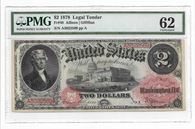 1878 $2 LEGAL TENDER, US NOTE. PMG UNCIRCULATED 62 Banknote. Fr# 48