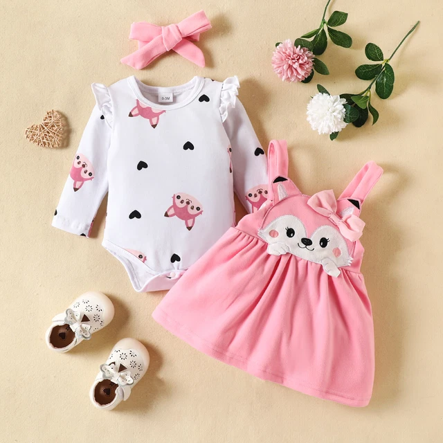 3tlg. Baby Mädchen Langarm Print Strampler Latzkleid Stirnband Sets Babykleidung