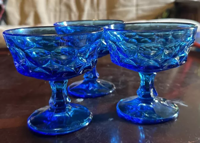 Vintage NORITAKE PERSPECTIVE Blue 4 1/8" Sherbet Glass Goblet Thumbprint Set 3