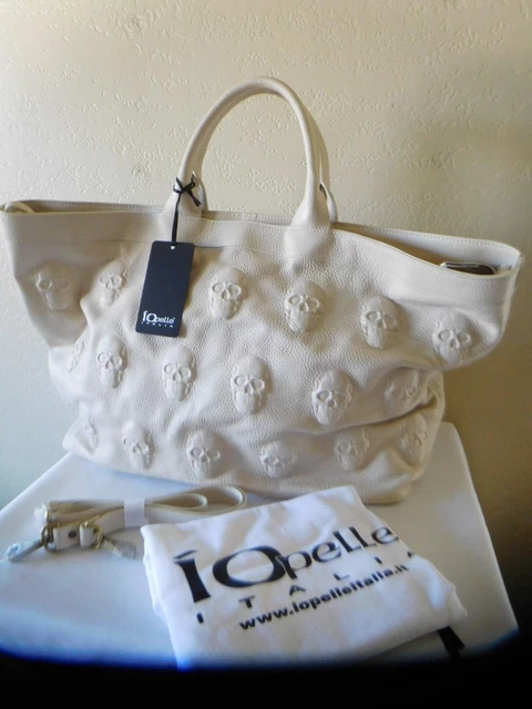 NEW IOPELLE ITALIA Ivory Leather Skull Tote Handbag Made in Italy
