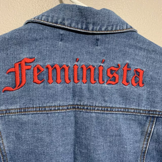 Forever 21 Denim Crop Feminista Jacket Embroidered Womens Sz Small S