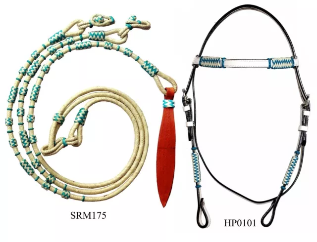 Western-Zaumzeug aus Leder mit Kopfstück, Weiß-Türkis-Rohleder,...