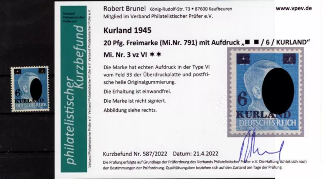 Kurland 3vz VI ABART ** MNH POSTFRISCH+gepr. Befund 80EUR (K7304