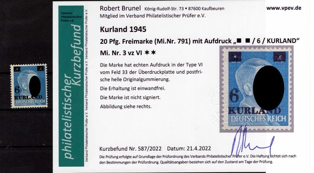 Kurland 3vz VI ABART ** POSTFRISCH+gepr. Befund 80EUR (K7304