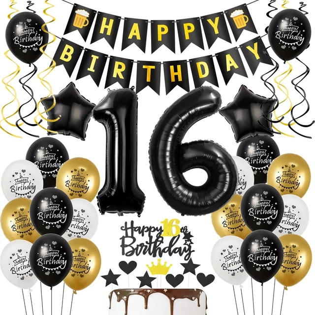 16. Geburtstag Deko Set – Schwarz & Gold – Folienballons, Banner, Girlanden, Torten-Topper – Komplettset Für Die Party