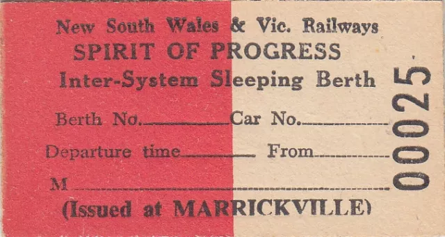 RAILWAY TICKETS - NSW & VR Railways - SPIRIT of PROGRESS SLEEPING BERTH