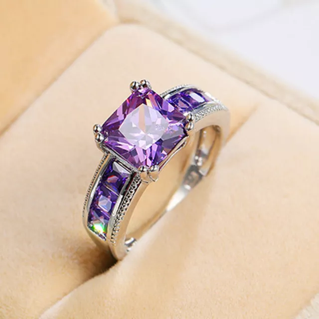 Womens Fashion 925 Sterling Silver Amethyst Rings Purple Crystal Zircon Ring