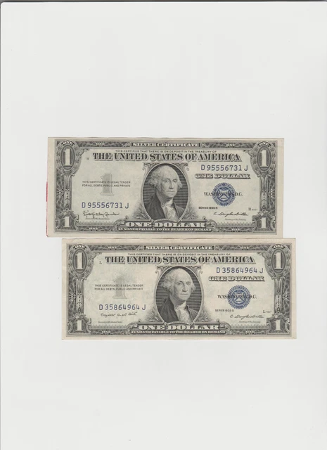 2 Notes 1935 G-H (1 with motto & 1 without motto) One dollar Silver Certificate