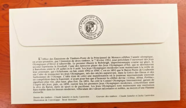 Fdc / Enveloppe Premier Jour De Monaco Jeux Olympiques 1992 Numismatique Francai 2