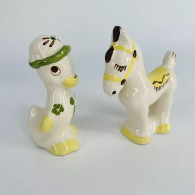Vintage 1950s White Yellow Ceramic Figurines Horse Duck Goose Hand painted