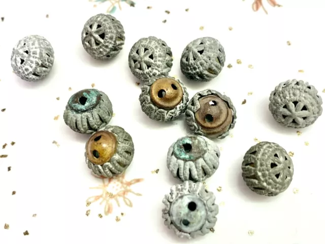 Set Of 12 Antique Victorian Pot Metal & Brass Pierced Cricket Cage Buttons