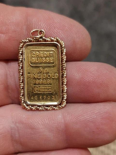 SWISS GOLD BAR Pendant 14k 999 Fine Yellow Gold Credit Suisse 5g